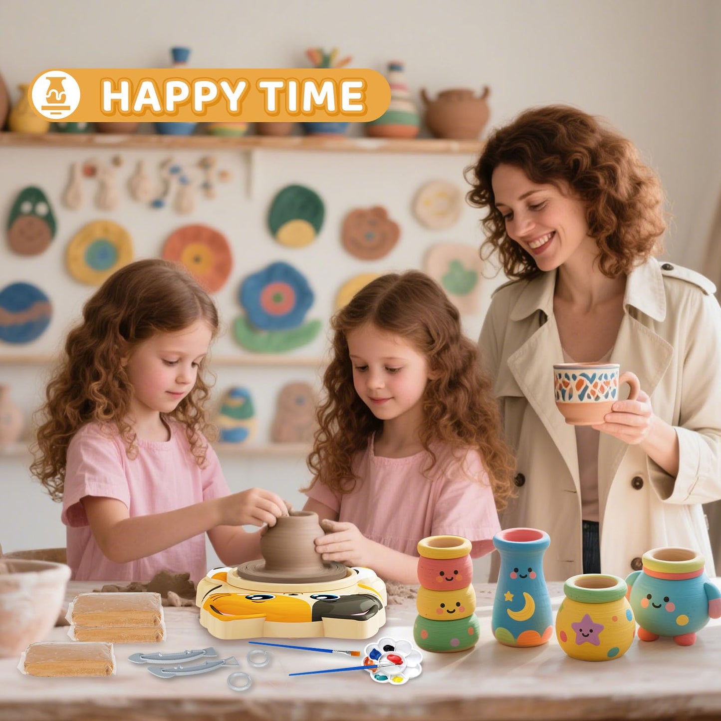 Funny CAT Pottery Wheel Kit for Kids Beginners Wheel with Foot Pedal & Painting Kit/Adjustable Speed, Dry Clay Arts & Crafts for Boys Girls 6 7 8 9 DIY Pottery Tools Art Supplies Craft Toy Teenager Girls Birthday Gift