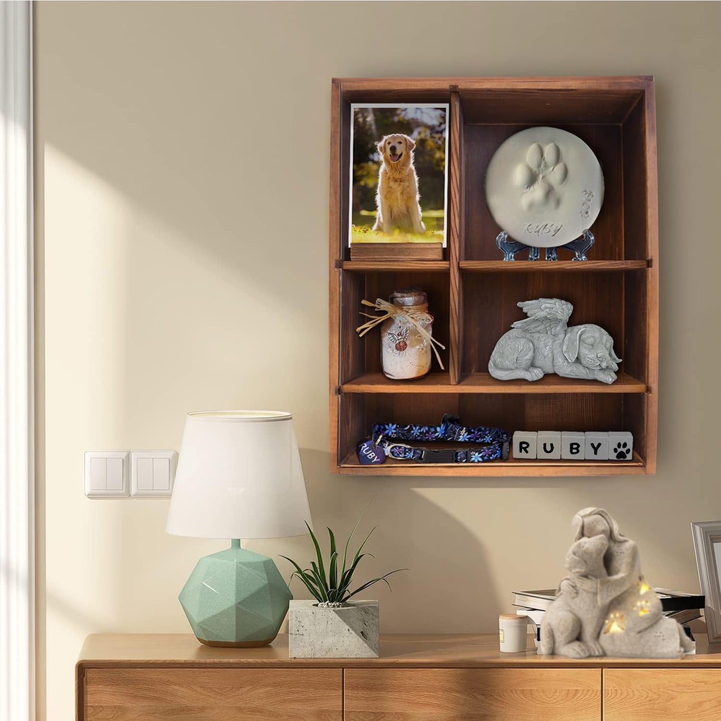 Sofunii Pet Memorial Shadow Box with Shelves for Dogs or Cats,11 * 14" Solid Wood Pet Frame Urn Ashes Display Case for as Loss Pet Remembrance Memory Keepsak -(Carbonization Black)