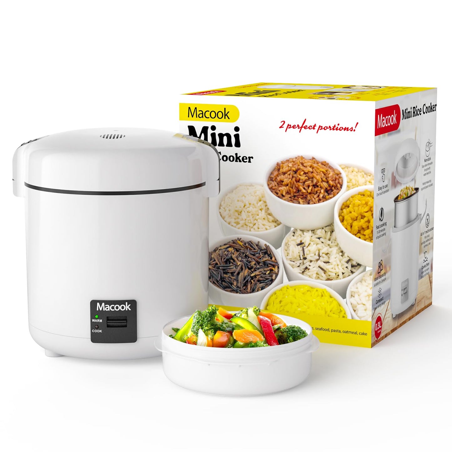 Macook Rice Cooker Small, 3-Cup Cooked (1.5 Cup Uncooked) Mini Rice Maker with Bento Box & Nonstick Pot - for Grains, Soup, Oatmeal, Keep Warm, Black