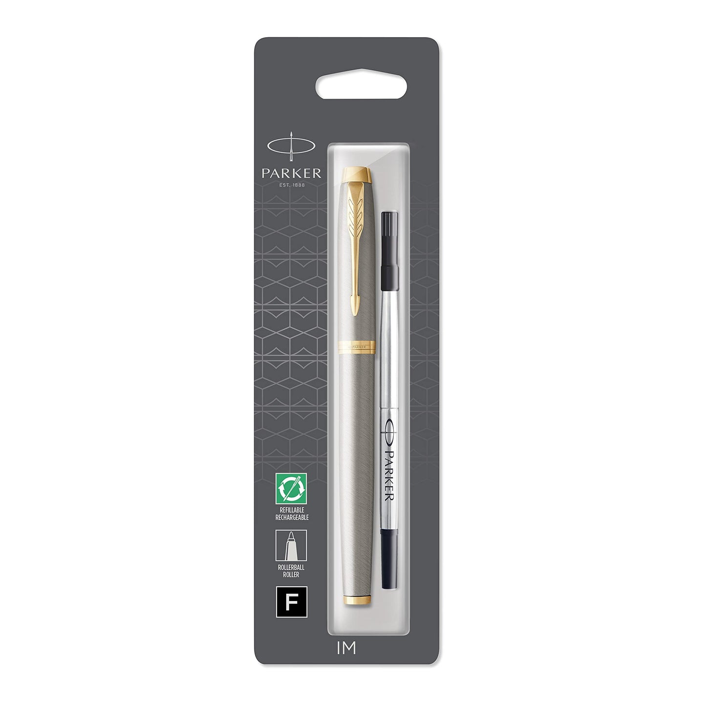 Parker IM Rollerball Pen, Brushed Metal and Gold with Fine Point Black Ink Refill (1975542)