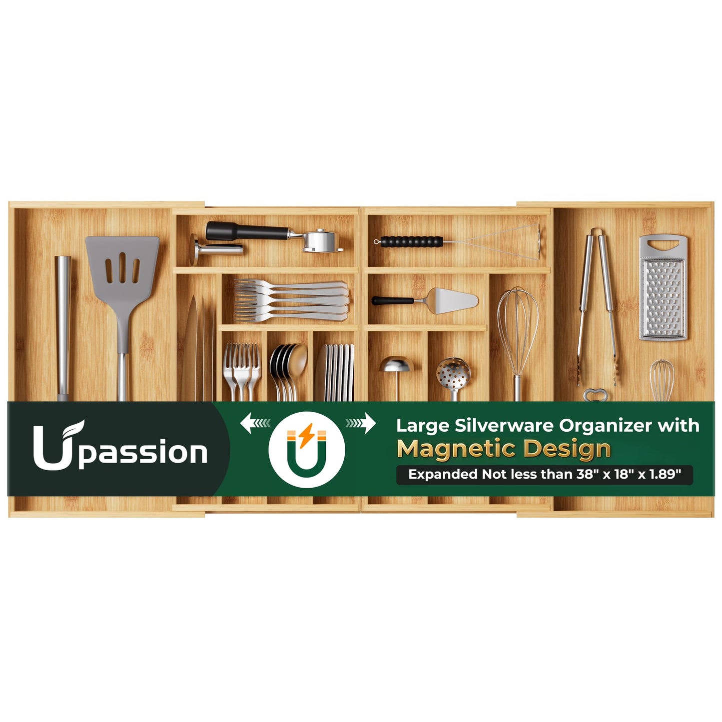 Large Silverware Organizer, 13 Slots Magnetic Connected Expandable Bamboo Utensil Drawer Organizer From 21 to 37.4 Inches, Adjustable Flatware and Cutlery Holder, Utensil Tray for Kitchen Natural