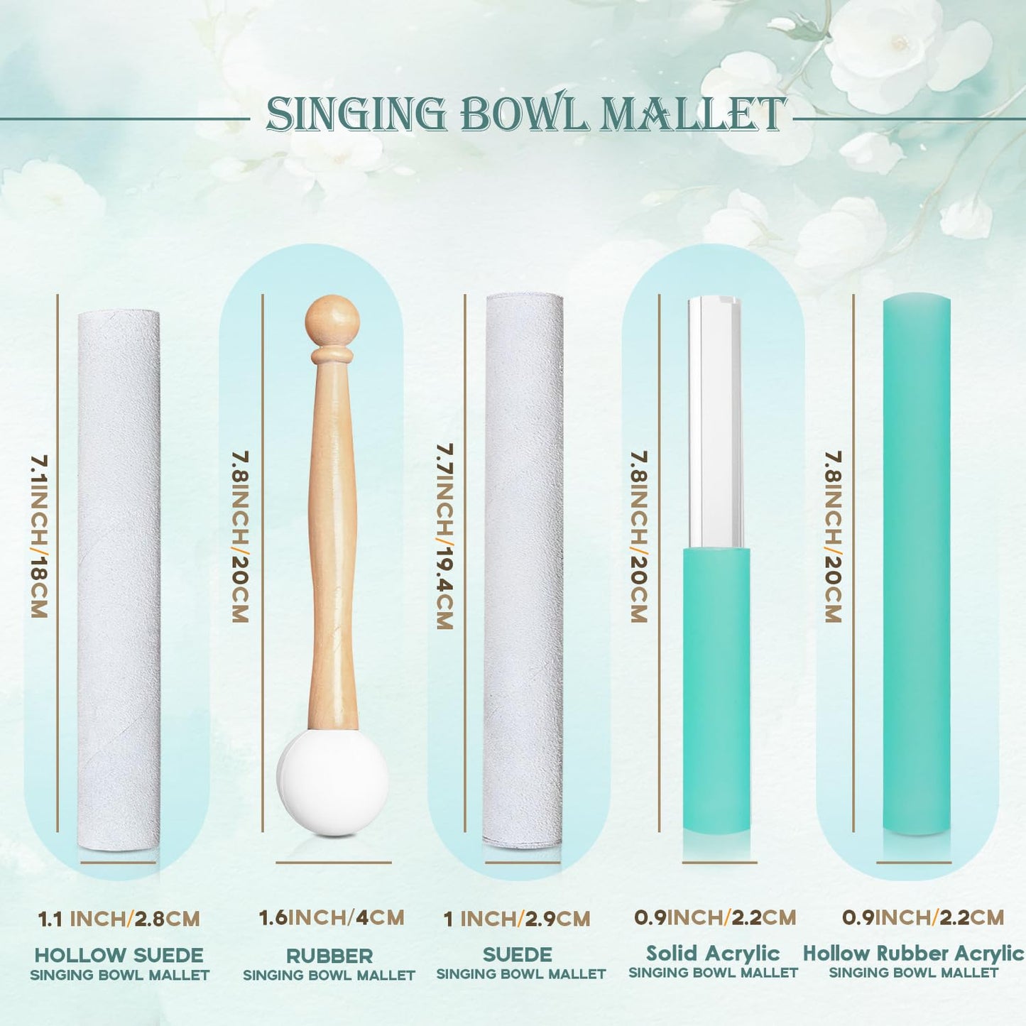 UPCEED 5 Pcs Singing Bowl Mallet Set, Rubber Mallet with Wooden Handle, Acrylic Silicone Rubber Mallet Striker, Handmade Thick Suede Sheepskin Striker for Playing Quartz Crystal Singing Bowls(Green)