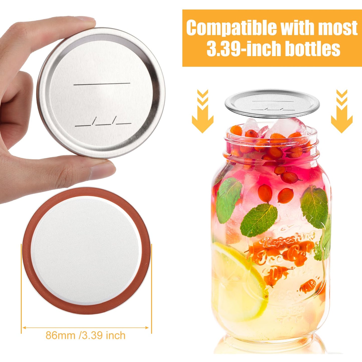 Acrux7 200 PCS Canning Lids 86mm Wide Mouth Mason Jar Lids, Ball Jar Lids with Silicone Seals, Leak Proof Rust Proof Canning Lids for Ball Kerr Jars