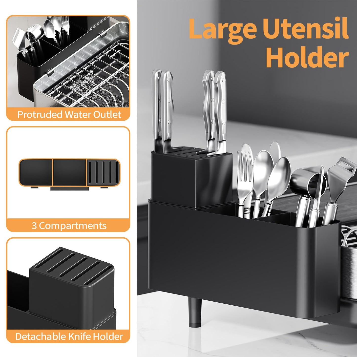 Expandable Dish Rack with Drainboard - Stainless Steel Dish Drainer with Removable Cutlery Tray, Foldable Cup Holder, Elevated Feet, Multifunctional Drainboard for Sink Countertop Kitchen Storage