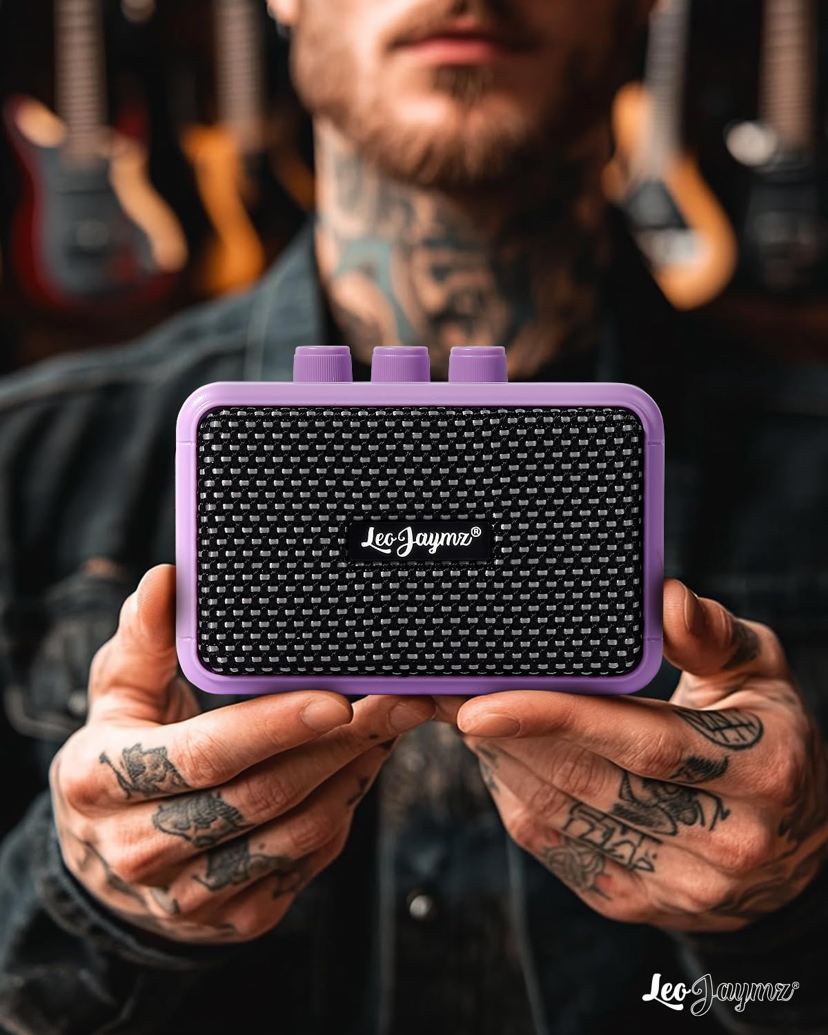 Leo Jaymz Mini Guitar Amplifier - 5W Dual Speaker BT Wireless Guitar Amp， Rechargeable Battery, Clean/Overdrive Modes, Headphone Jack,Ideal for Practice & Performance (Purple)
