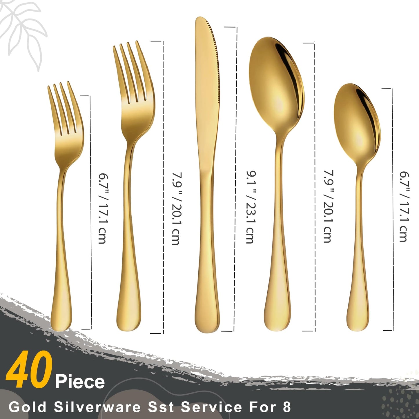 Runfly Gold Silverware Set, 40 Piece Flatware Cutlery Set for 8, Stainless Steel Silverware, Mirror Polished Cutlery Utensil Set Includes Knife Fork Spoon for Home Kitchen Restaurant