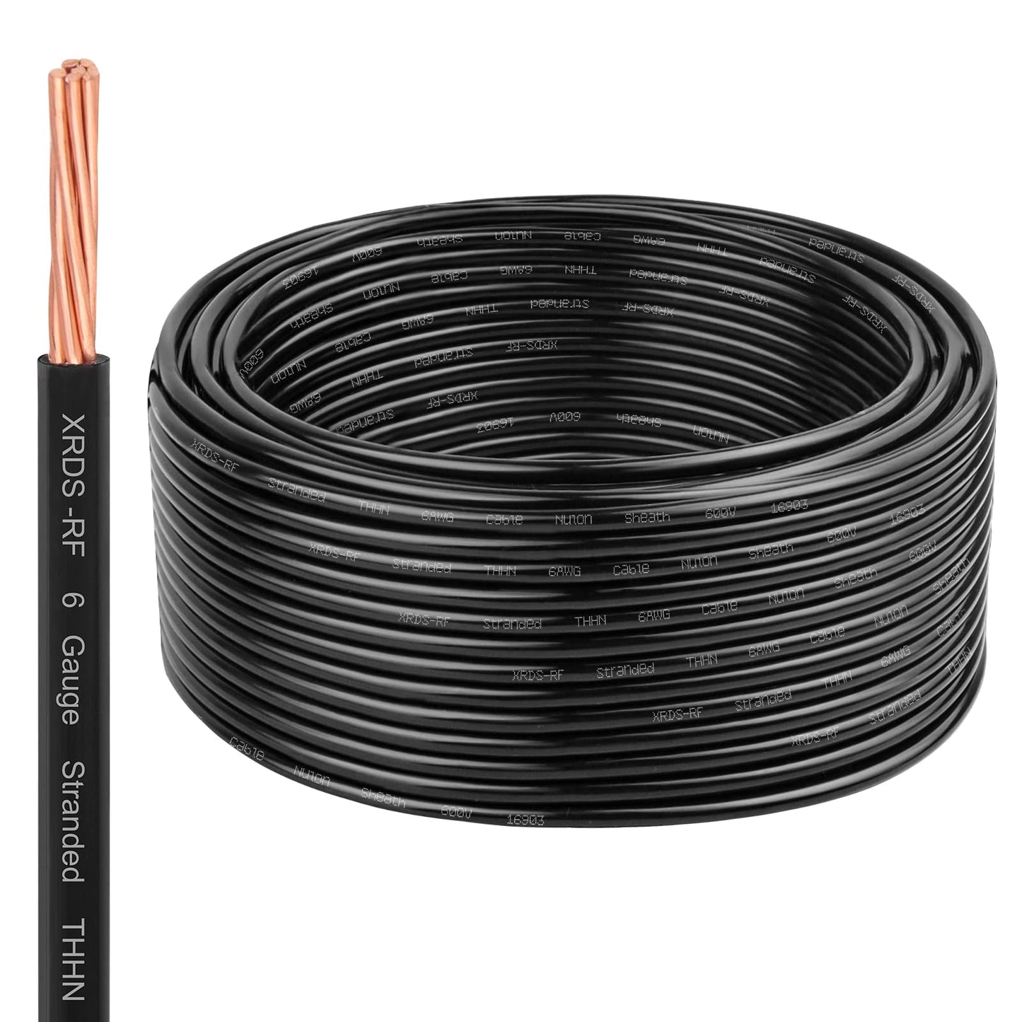 XRDS -RF 6 AWG 50FT THHN Stranded Wire – Nylon Insulated Pure Copper Electrical Cable for DIY Projects – Black – 600V Rated