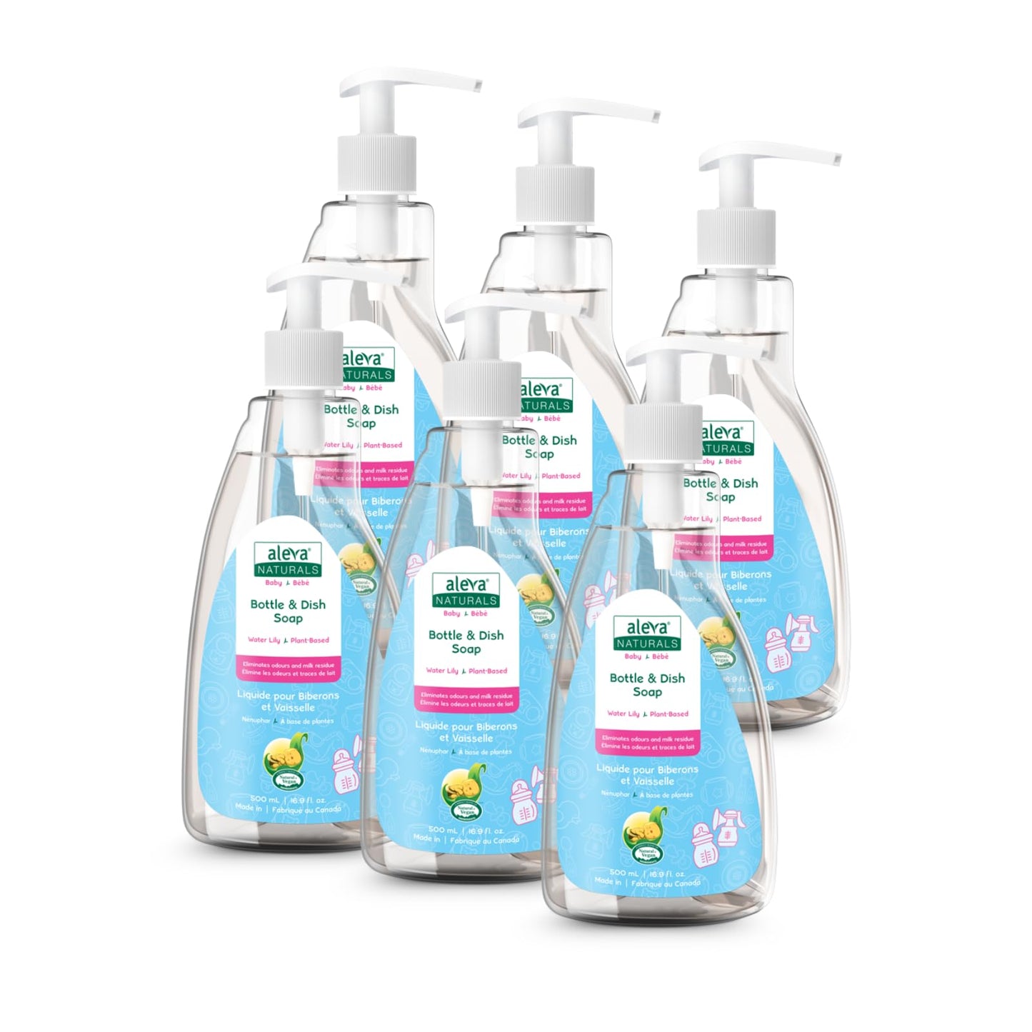 Aleva Naturals Hypoallergenic Bottle and Dish Wash Liquid - Plant-Based Cruelty-Free Formula with Refreshing Water Lily Scent, Dish Soap to Clean Baby Feeding Cups - 3L VALUE PACK (500ml x 6)