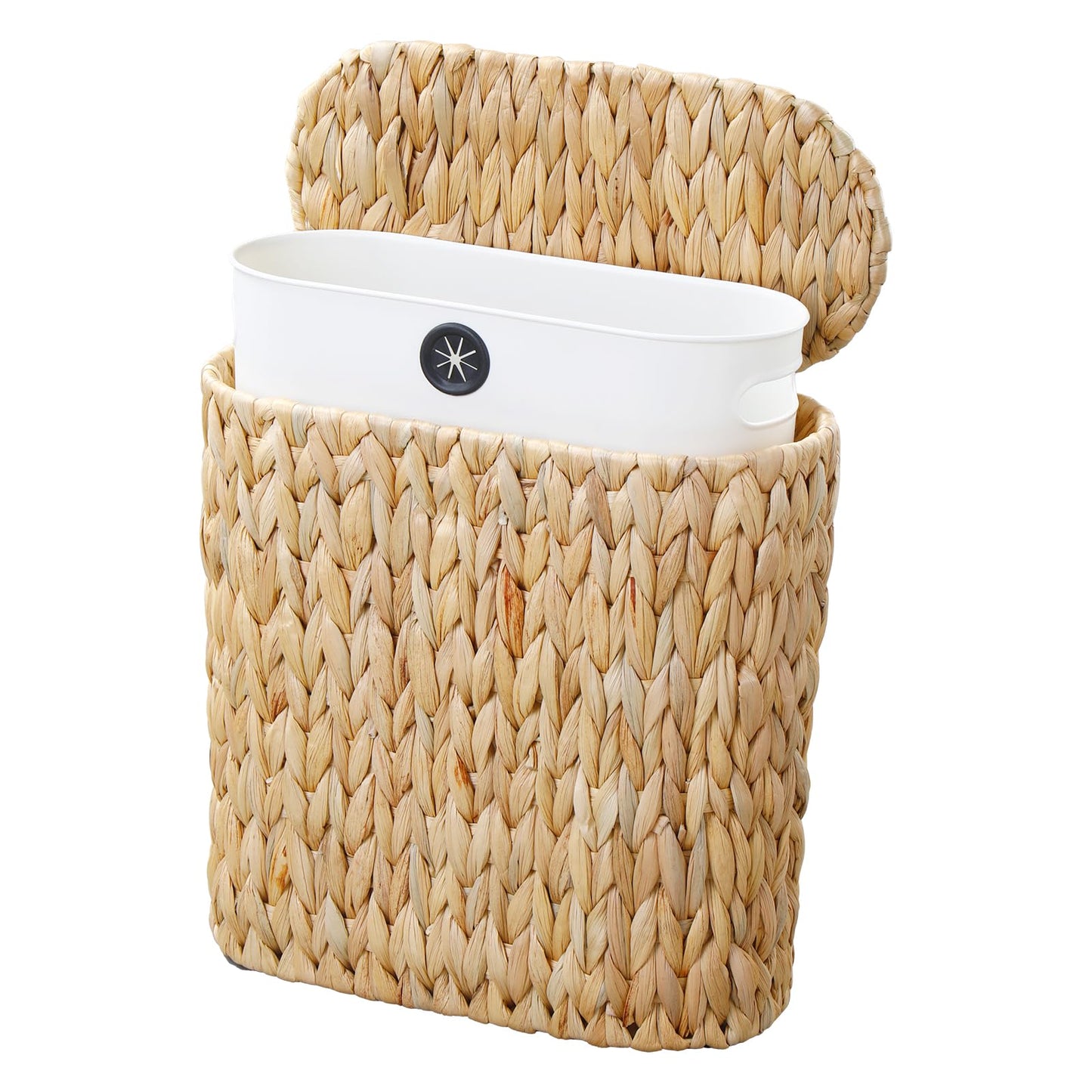Coeusy 3 Gallon Wicker Trash Can with Lid and Liner,Small Bathroom Trash Cans,Woven Rattan Narrow Waste Basket for Bedroom,Home Office,Natural Water Hyacinth