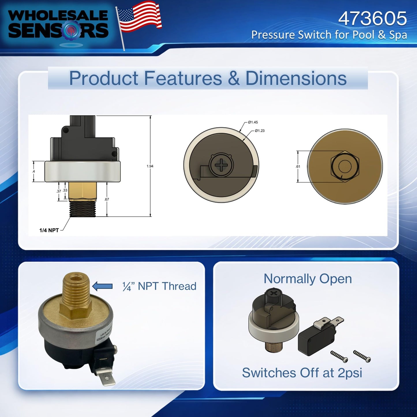 Replacement for Pentair 473605 Water Pressure Switch for MiniMax Pool & Spa Heaters 12 Month Warranty