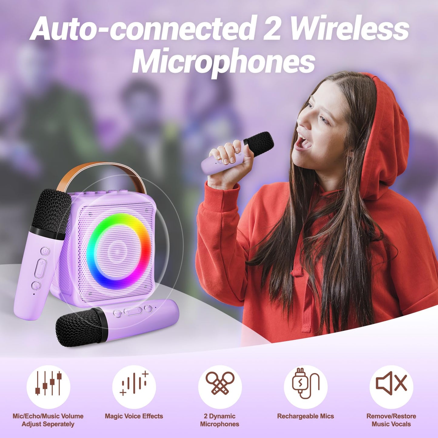 Ankuka Karaoke Player,Karaoke Microphone Machine for Kids, Portable Speaker with 2 Wireless Microphone Karaoke Player for All Smartphones,Family,Home Party,Birthday Gifts(Purple)