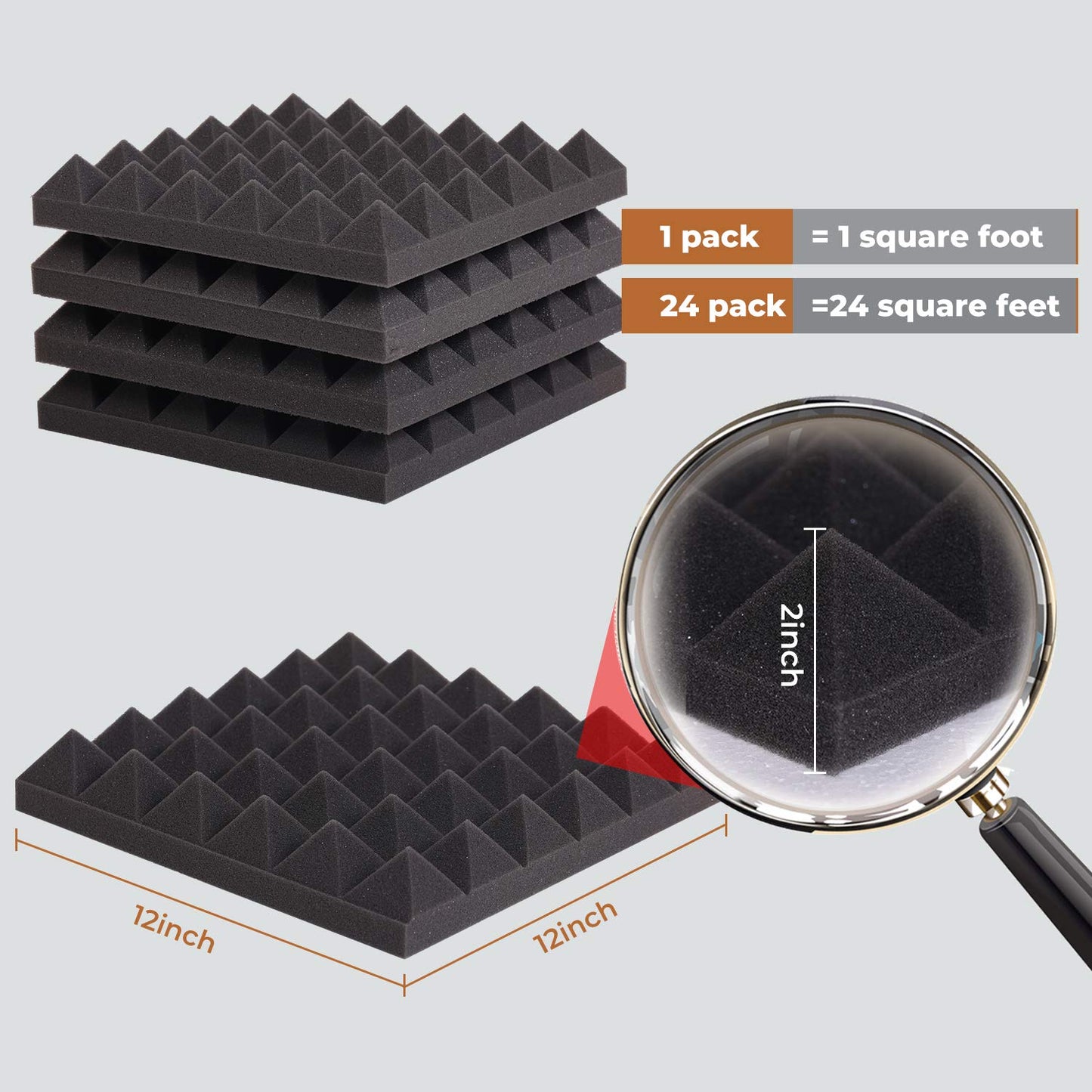 24 Pack-12 x 12 x 2 Inches Pyramid Designed Acoustic Foam Panels, High Density Black Acoustic Panels for Wall and Ceiling, Fire Proof Studio Foam with Double Side Adhesive Tape Included