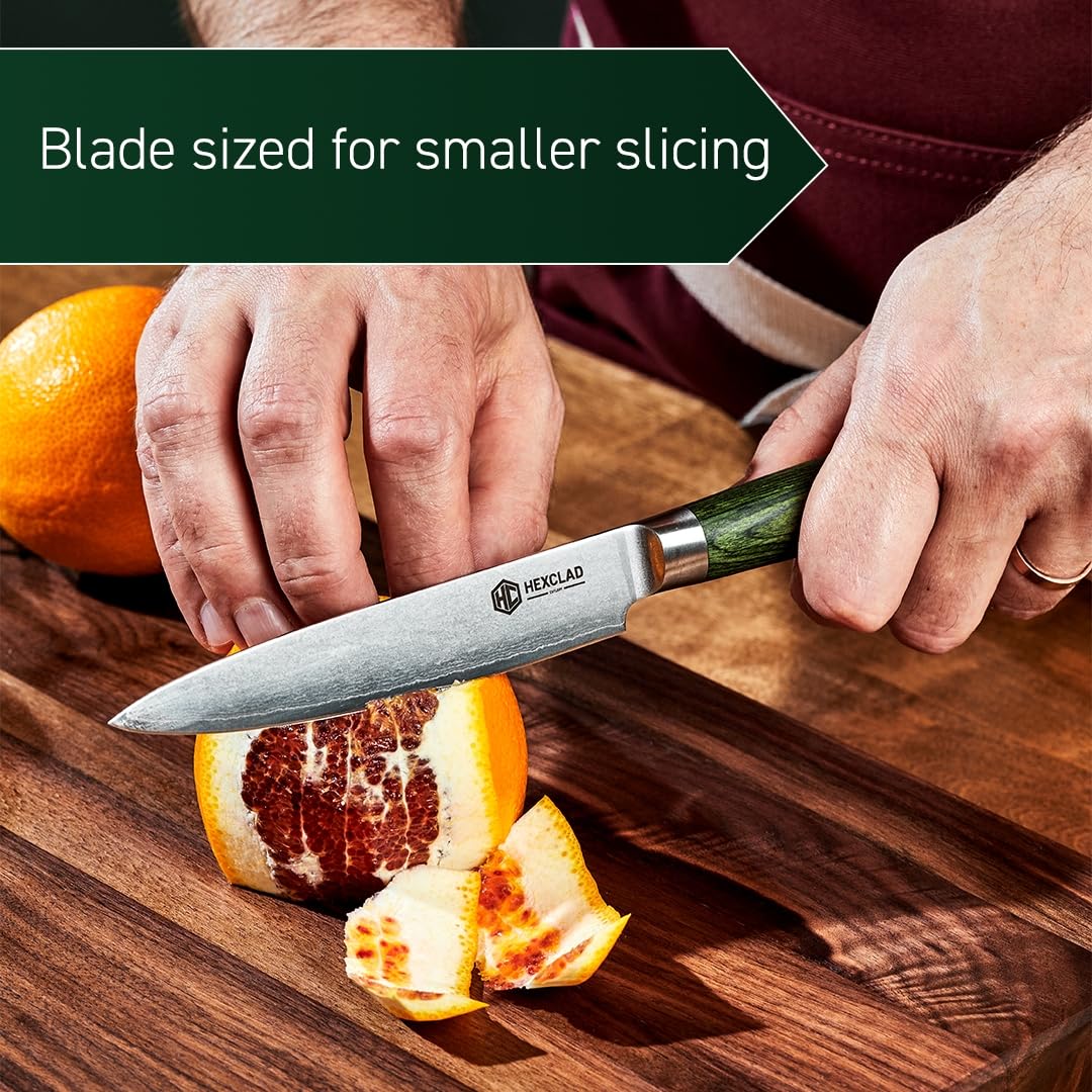 HexClad Utility Knife, 5-Inch Japanese Damascus Stainless Steel Blade Full Tang Construction, Pakkawood Handle