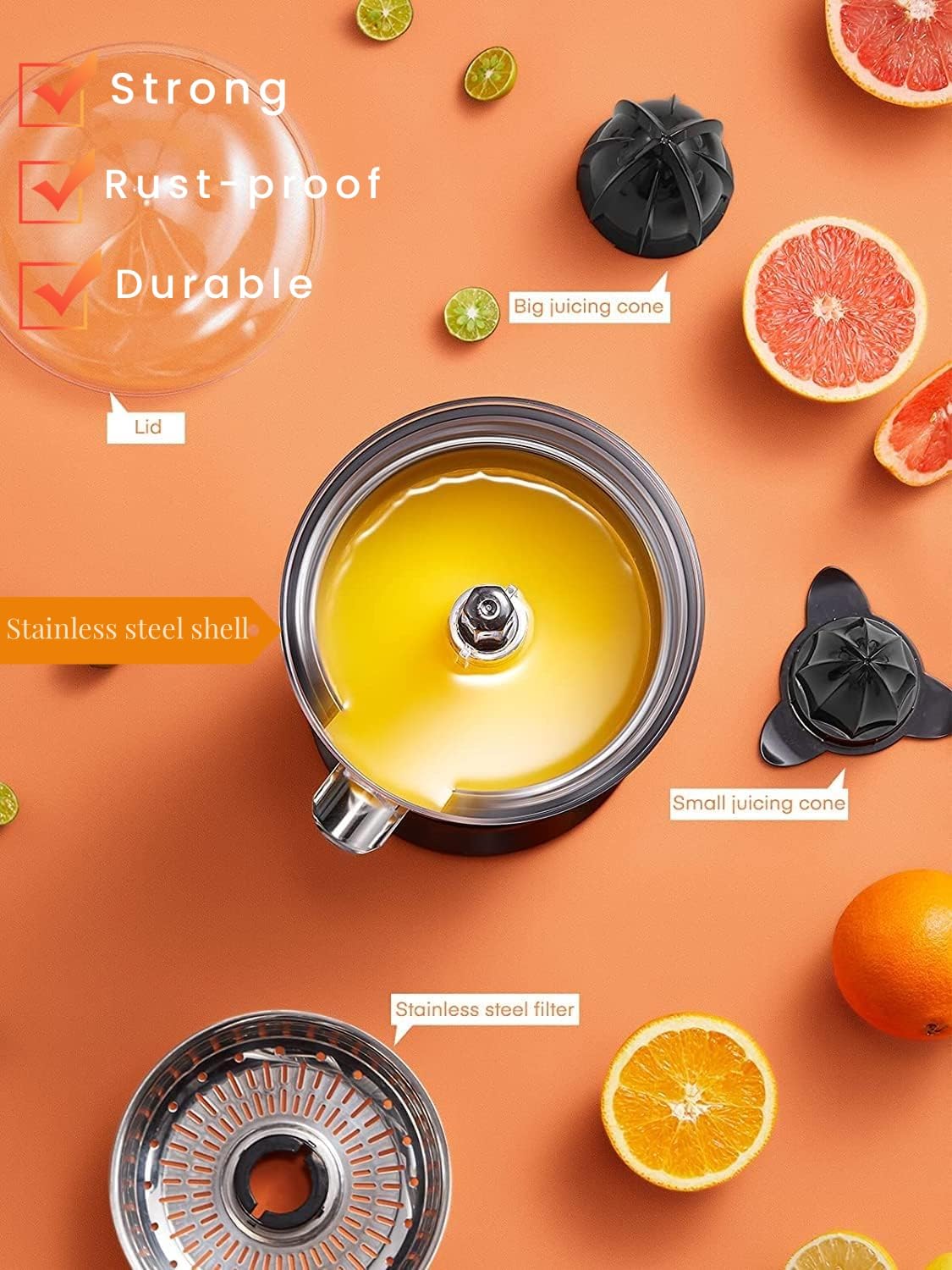 FOHERE Electric Citrus Juicer, Orange Juicer Machine with 2 Size Cones, Stainless Steel Citrus Press Juicer for Orange Lemon Grapefruit Lime, Compact Juicer Squeezer, Anti-Drip Spout & Ultra Quiet Motor