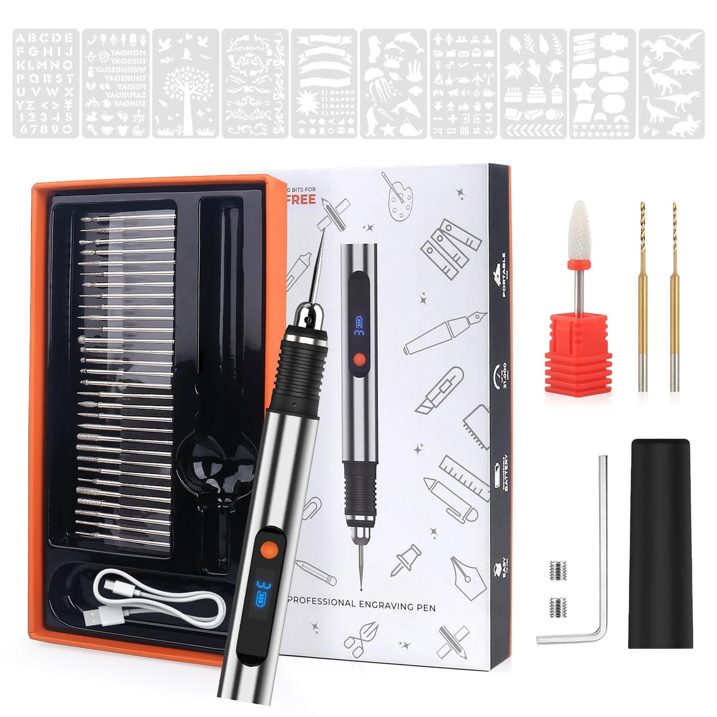 Rechargeable Cordless Electric Engraver Pen Mini DIY Engraving Tool Kit with 33 Bits and 10 Stencils for Metal Glass Ceramic Plastic Wood Jewelry