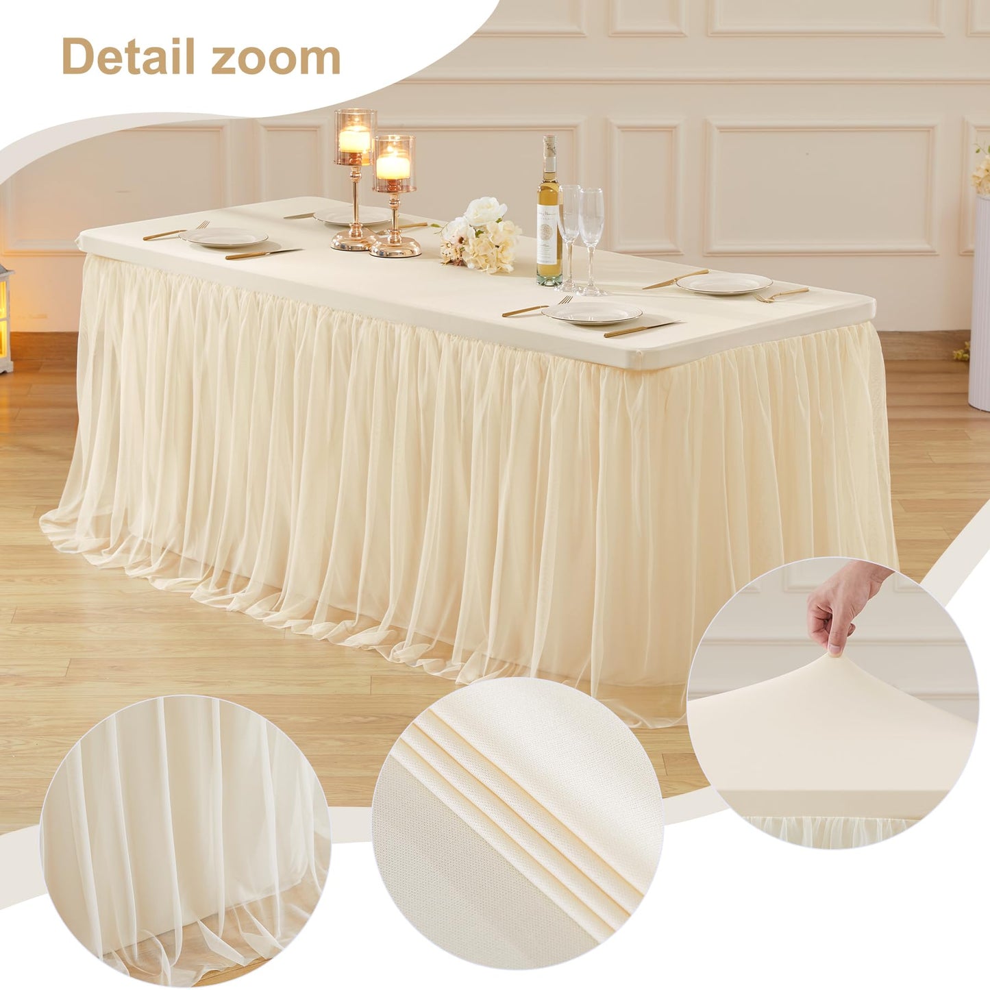 HB HBB MAGIC Champagne Tablecloths 8 Foot Rectangle Tulle Table Skirt Rectangle Tables 8ft Fitted Spandex Tables Covers Banquet Party Wedding Table Cloths 8 Foot