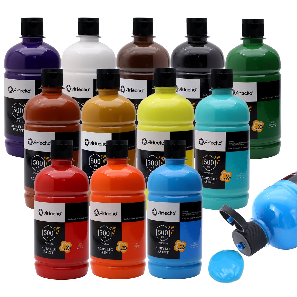 Artecho Acrylic Paint Set 12 Colors 500ml / 16.9oz Bottle, Art Craft Paint for Art Supplies, Paint for Canvas, Rocks, Wood, Ceramic, Non Toxic Paint for Artists, Beginners and Adults