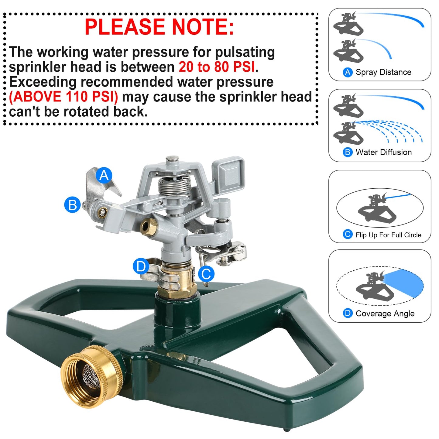 STYDDI Metal Pulsating Impact Sprinkler with Metal Base, Heavy Duty Adjustable Circular Zinc Impulse Sprinkler for Lawn, Yard and Large Area, Water Coverage up to 5,800 Sq. ft