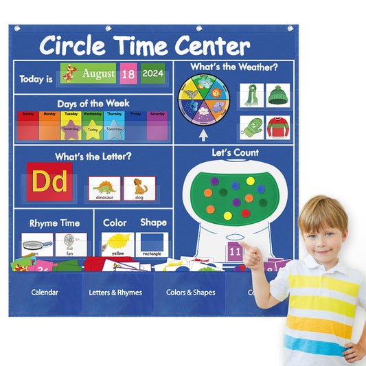 Circle Time Learning Center Pocket Chart, Kids Calendar for Classroom, Educational Pocket Chart Learning Calendar Weather Letter Counting Rhyme Color Shape