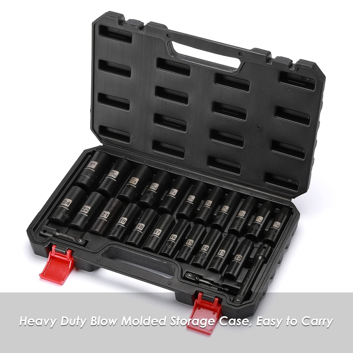 MIXPOWER 25 Pieces 1/2-Inch Drive Deep Impact Socket Set, CR-V, Metric/SAE, Includes 12mm to 24mm, 3/8-Inch to 1-Inch, 3", 5" Extension Bars, 1/2"-1/4" Adapter