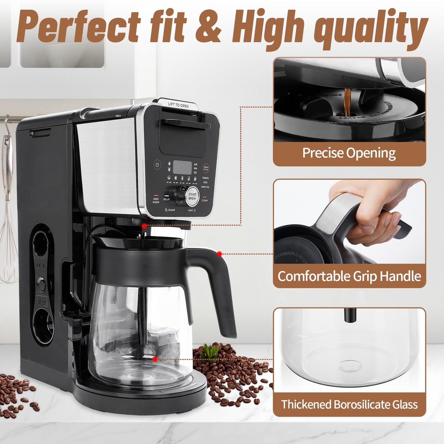 12 Cup Ninja Coffee Pot Replacement for CFP101 CFP201 CFP250A CFP300 CFP301 CFN601 CFP307, Glass Carafe With Brew-Through Lid and Sturdy Handle
