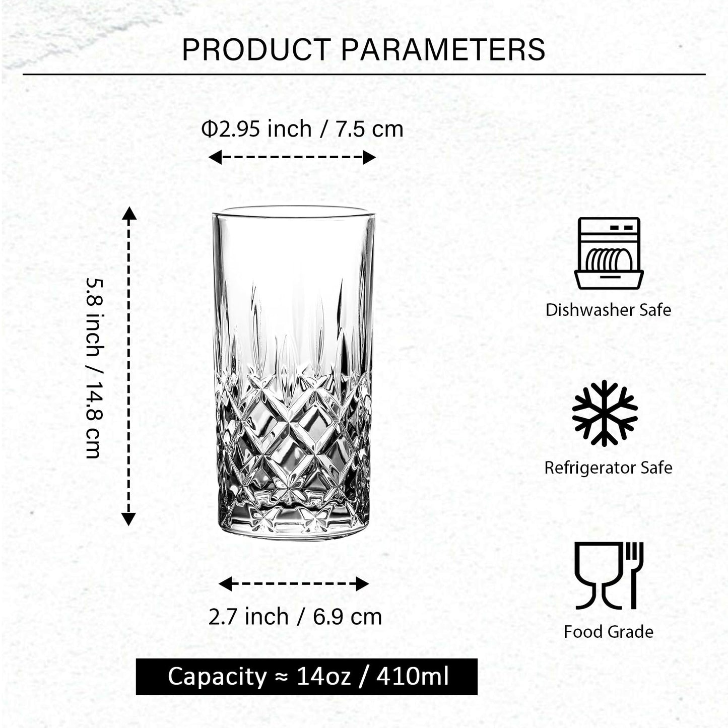 Binsakao Highball Glasses Collins Tall Beverage Set of 6, 423ml Cups Glassware for Drinks, Water, Beer, Soda (Heavy Weight)