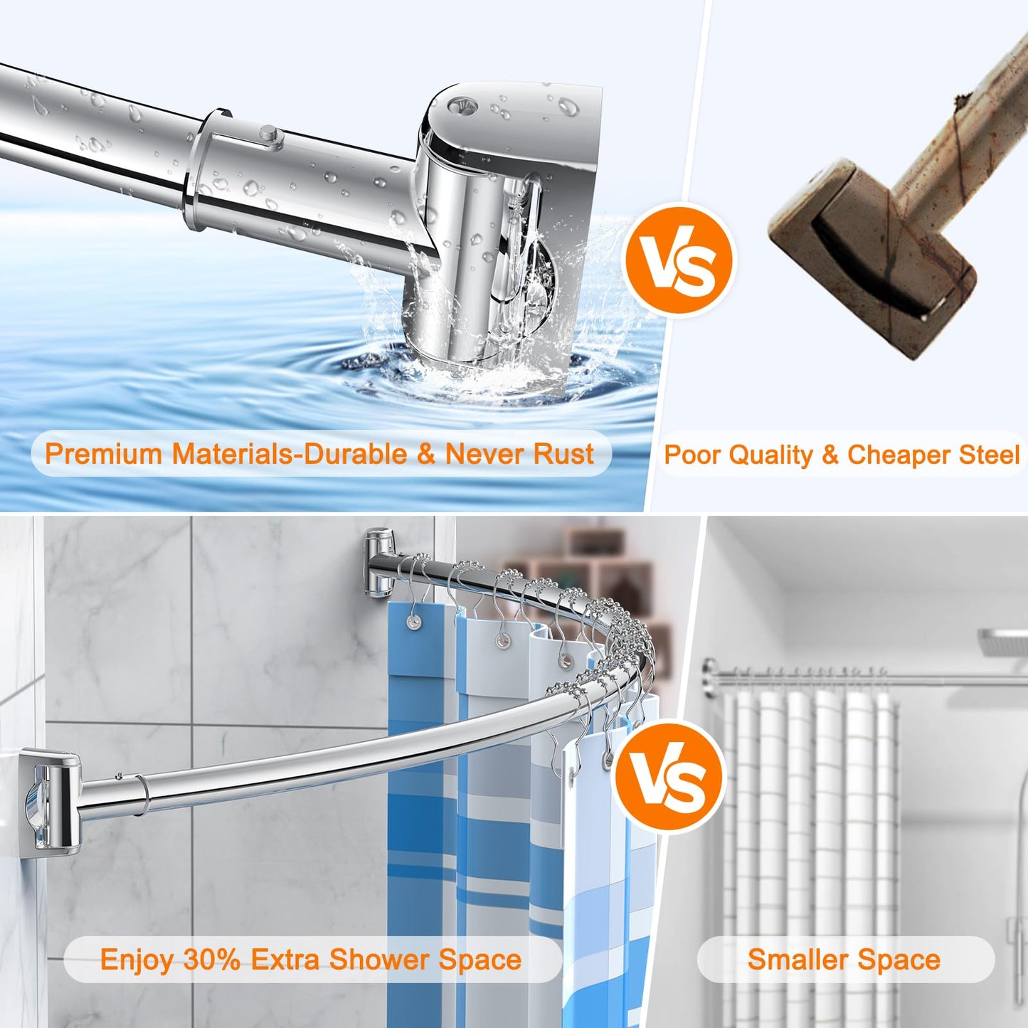 Curved Shower Curtain Rod, Adjustable 45-72 Inches Curved Shower Rod, Rustproof Shower Curtain Rod, Never Fall Telescoping Design for Bathroom, Silver, Need to Drill
