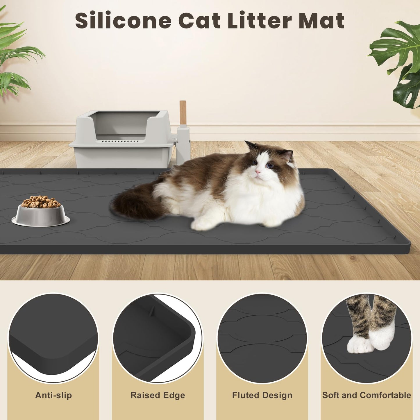 Cat Litter Box Mat, 38" X 26" Large Silicone Cat Litter Trapping Mat, Easy Clean for Scatter Control, Soft on Kitty Paws, Waterproof, Urine-Proof, Non-Slip Kitty Litter Mat for Floor, Black