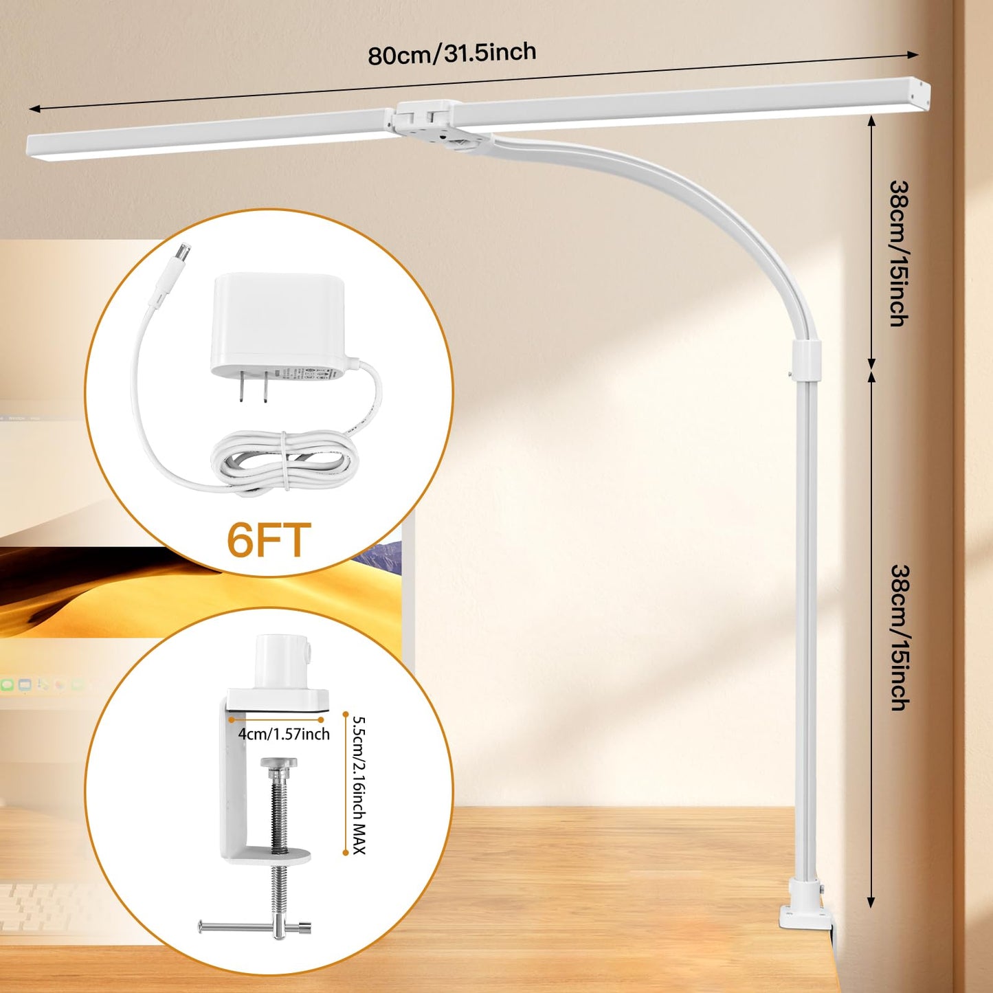 Double Head LED Desk Lamp with Remote Control - Eye Caring Desk Light for Home Dorm Office 24W Brightest Office Lamp for Workbench Architect Reading with Anti-Glare Cover, Timer