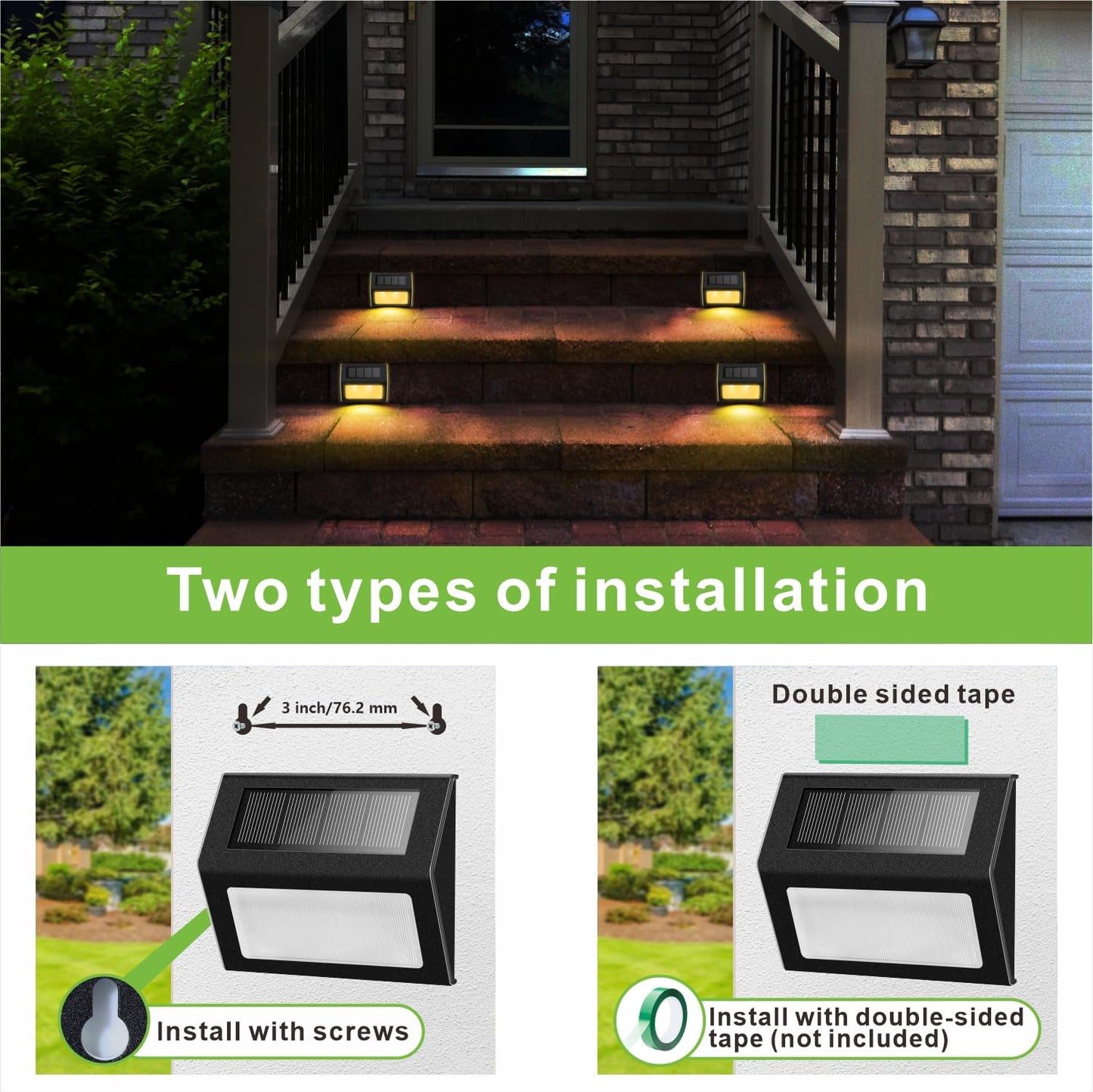 Solar Lights for Steps Decks Pathway Yard Stairs Fences, LED lamp, Rainproof, Black Metal case, 6 Pack