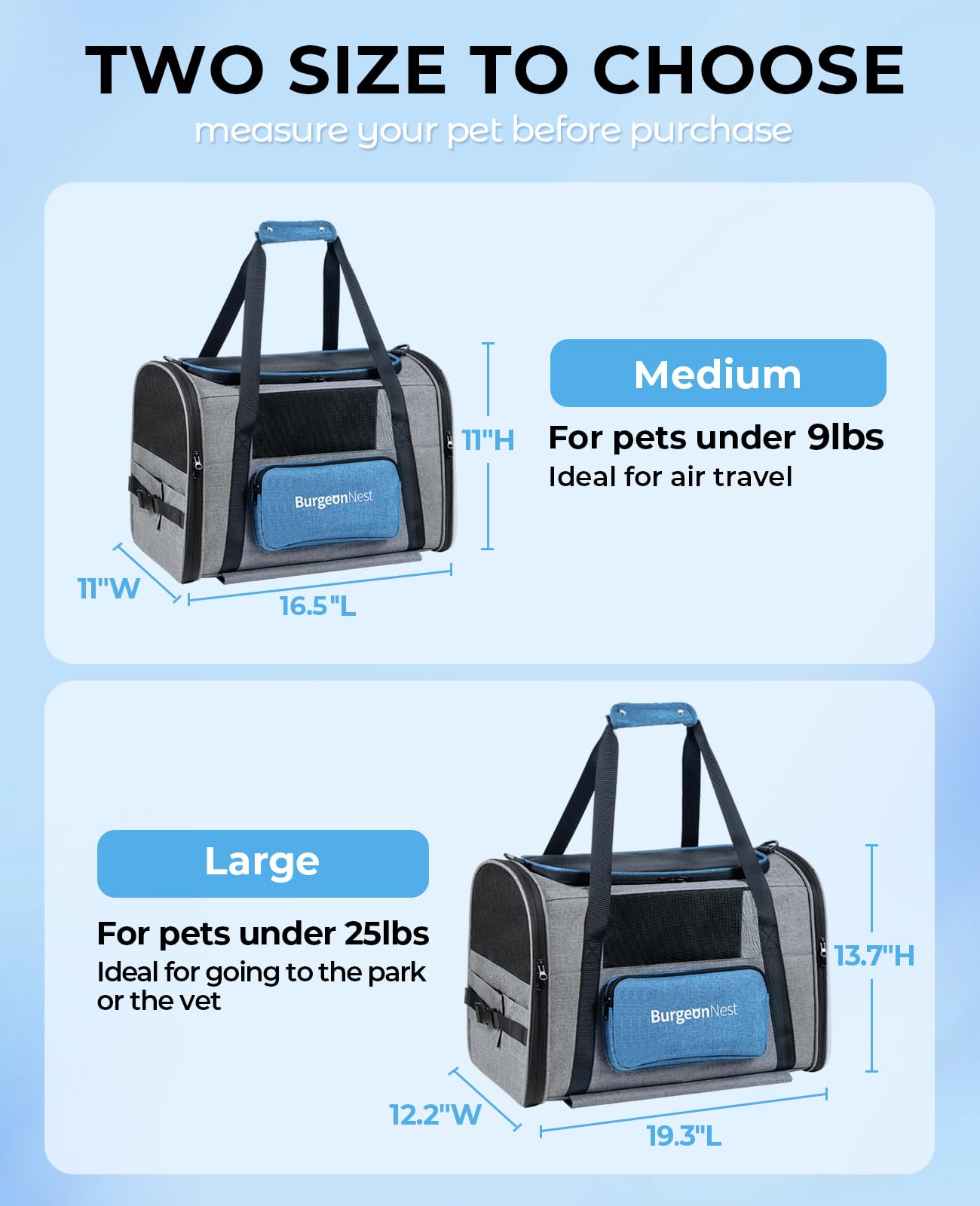 BurgeonNest Cat Carrier with Wheels, 16.5“X11 X11 Airline Approved Rolling Pet Carrier with Telescopic Handle and Shoulder Strap, Small Dogs Pets Under 15 lbs