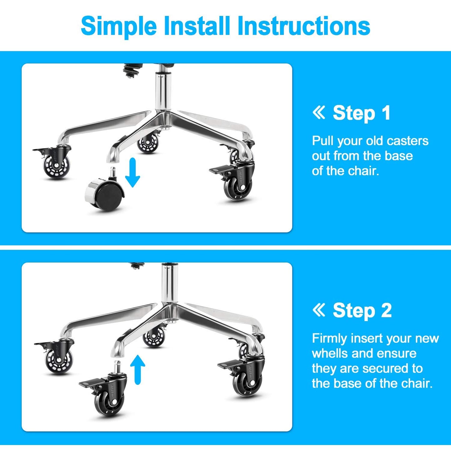 AGPTEK Set of 5 Office Chair Casters Heavy Duty with Locks, 11x22mm Office Chair Wheels Replacement with Brakes, Quiet Office Chair Wheels, No Noise, Game Chair Wheels for Hardwood Floors, Mat, Carpet