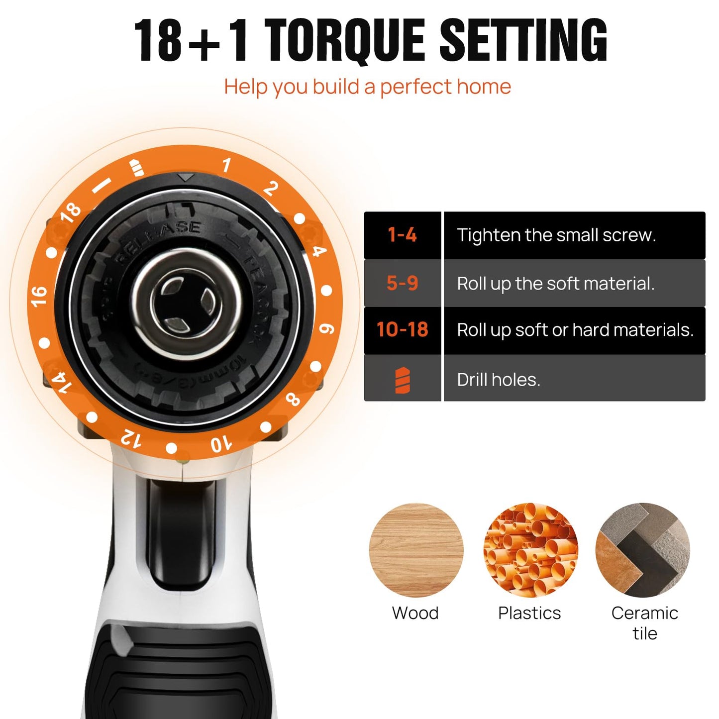 16.8v Cordless Power Drill Combi Driver Electric Screwdriver Tools Kit,2 Variable Speed 18+1 Torque Setting,23pcs Drill/Driver Bits，2 Powerful Battery