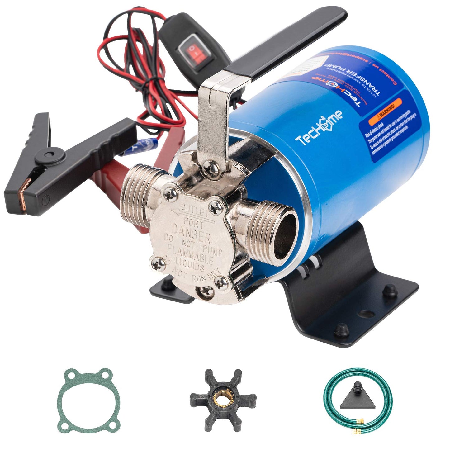 TecHome 12V Water Pump, 1/10 HP 330GPH Water Transfer Pump, Portable Electric Utility Transfer Pump, with ON/Off Switch and Suction Hose Kit.
