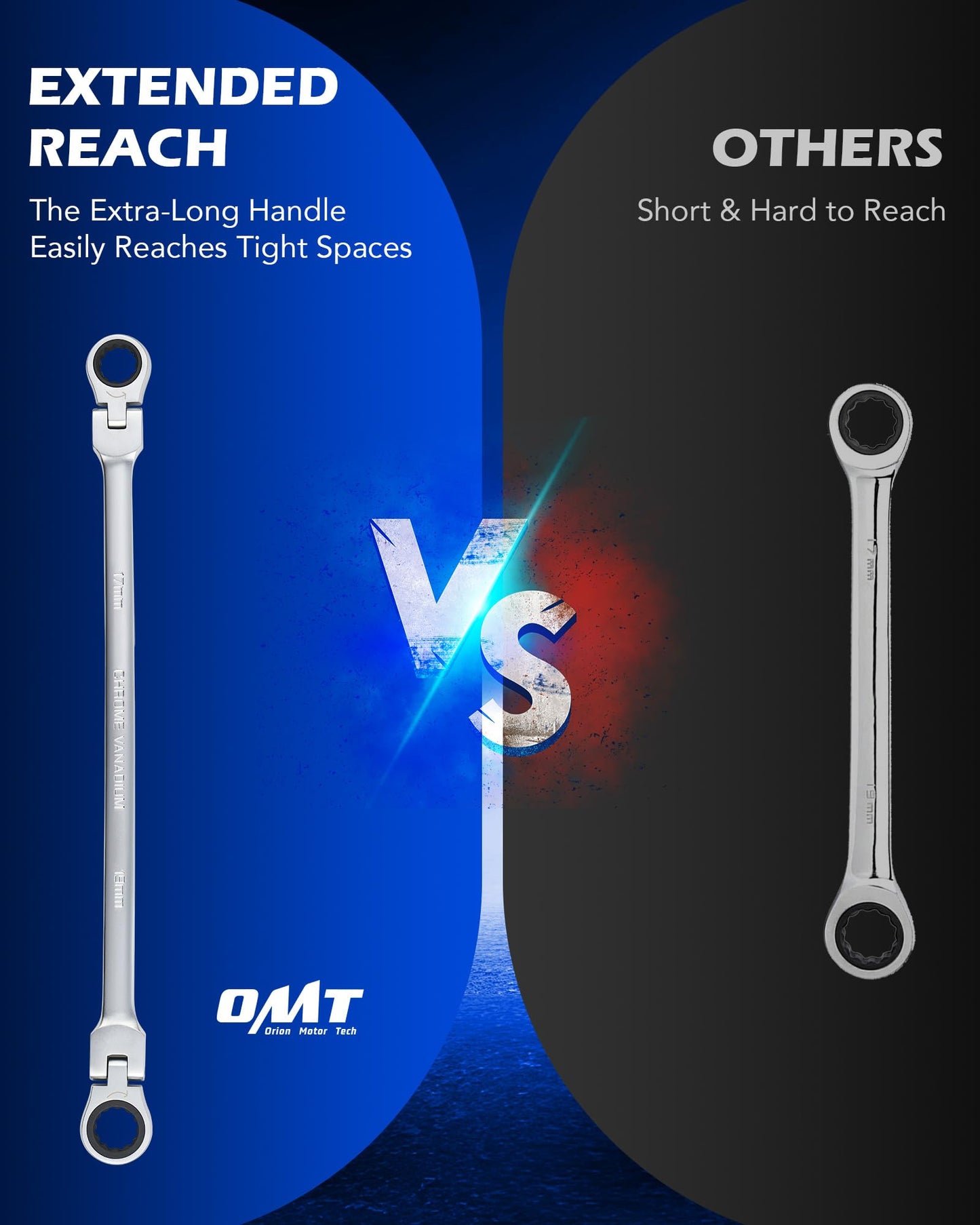 Orion Motor Tech Flex-Head Extra Long Gear Ratcheting Box End Wrench 6 Set, Metric XL Extended Long Handle, 9-5/8" to 16-1/2" Length, 8mm 10mm 12mm 13mm 14mm 15mm 16mm 17mm 18mm 19mm - 6pcs & 12 Sizes