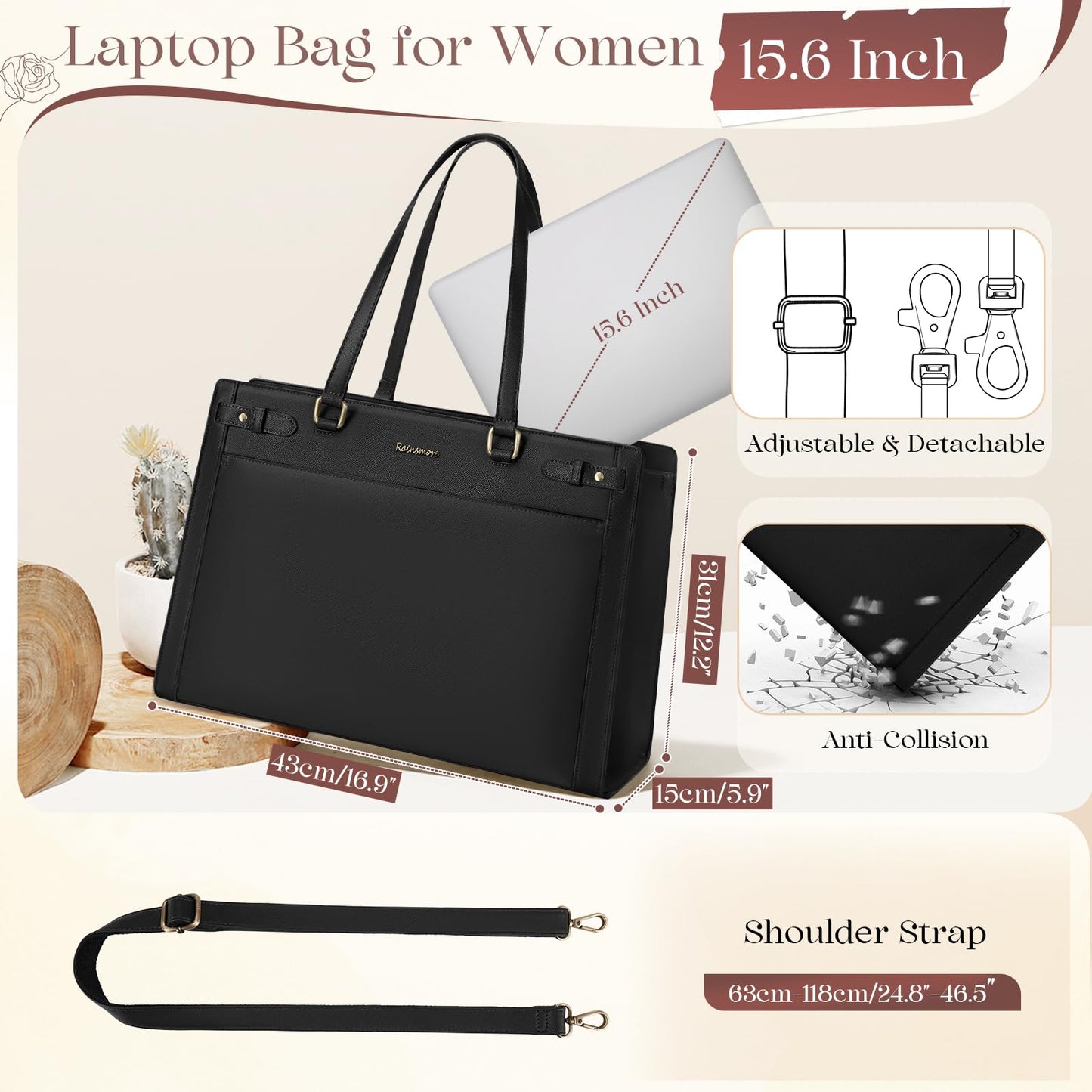 RAINSMORE Laptop Bags for Women 15.6 Inch PU Vegan Leather Work Tote Bag Waterproof Computer Bag Womens Briefcase Designer Satchel Bag for Office Teacher College Large Tote Purse Professional Black