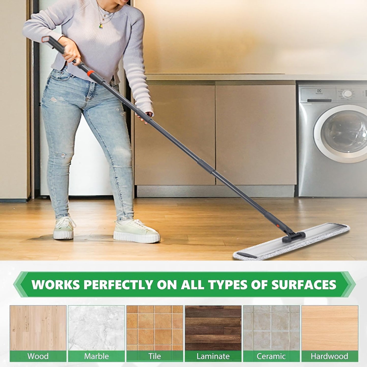 18 Inch Flat Mop Cleaning System Microfiber with 4 Reusable Pads – Wet Dry Floor Cleaner for Hardwood, Laminate, Tile, Silver