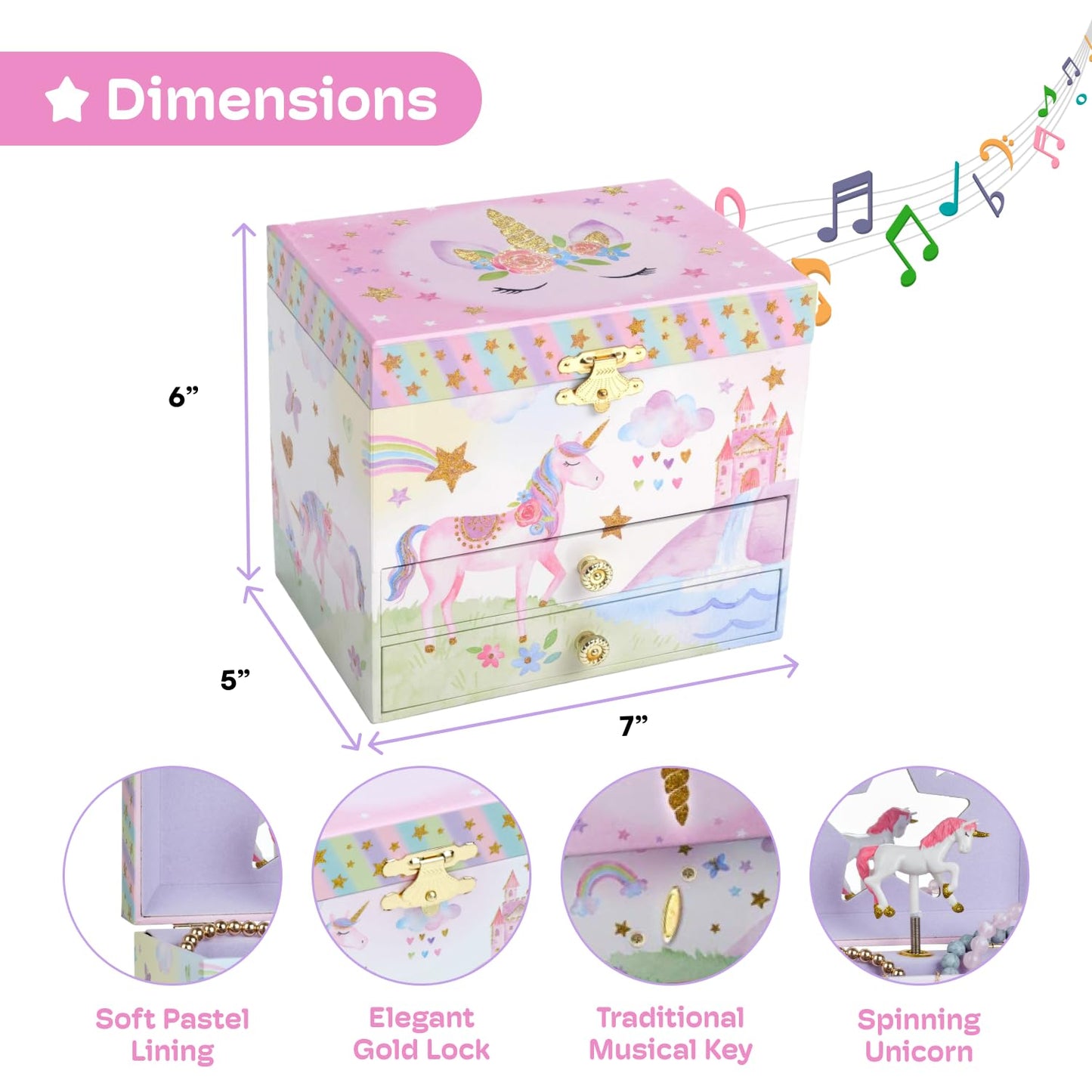 Jewelkeeper- Musical Jewelry Box with 2 Pullout Drawers, Glitter Rainbow and Stars Unicorn Design, The Unicorn Tune
