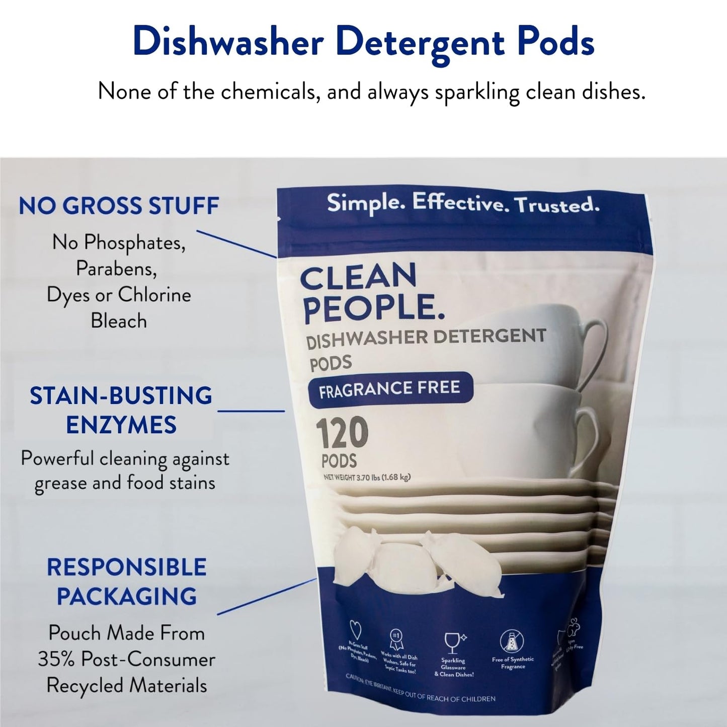 Clean People All Natural Dishwasher Pods - Cuts Grease & Rinses Sparkling Clean - Residue-Free - Phosphate Free Dishwashing Pods - Fragrance Free, 120 Pack