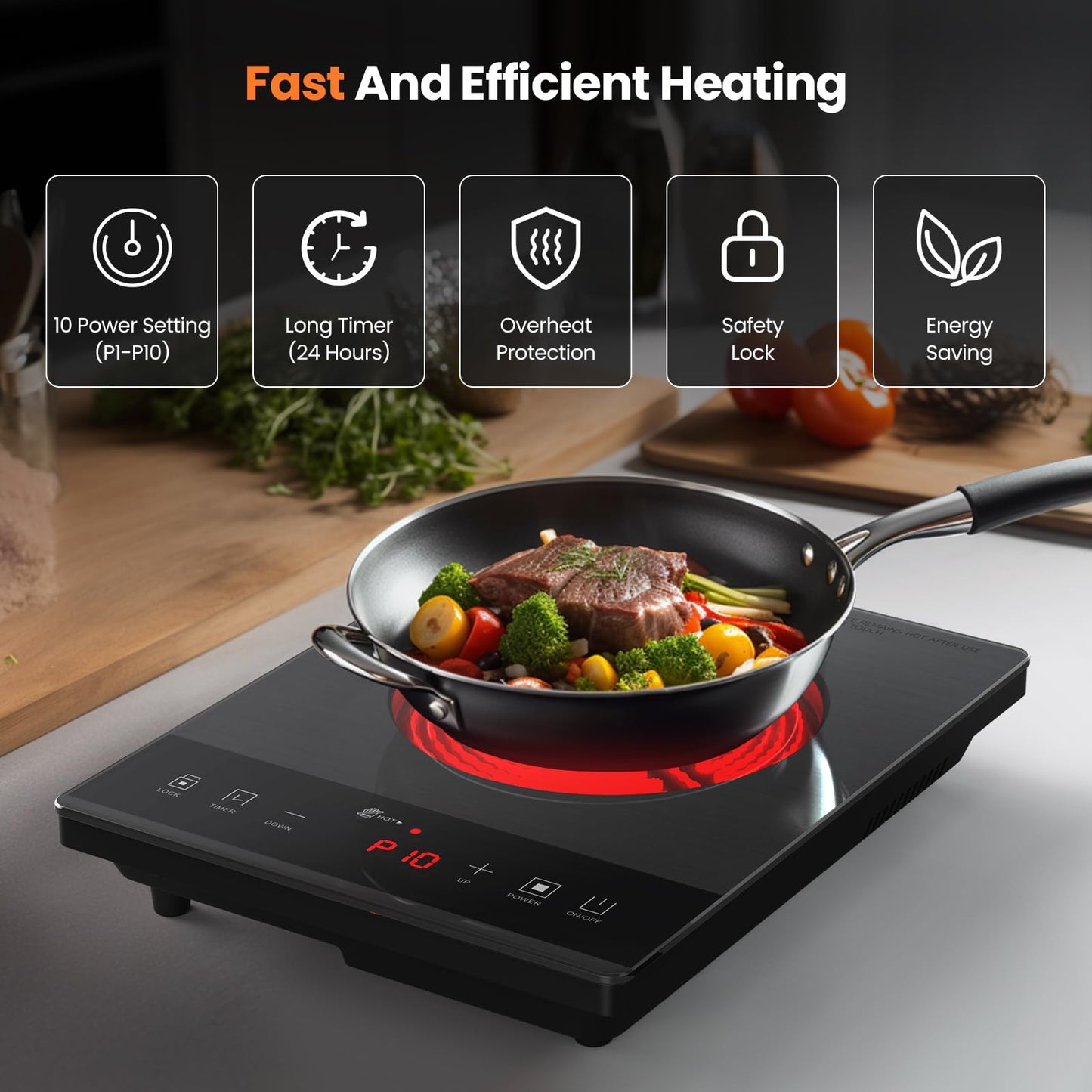 Electric Hot Plate,Nuopuplai Single Countertop Burner Portable Ceramic Cooktop For Cooking Ultra-thin Electric Stove Infrared Cooker,24-Hour Timer Child Safety Lock,Compatible With All Cookware