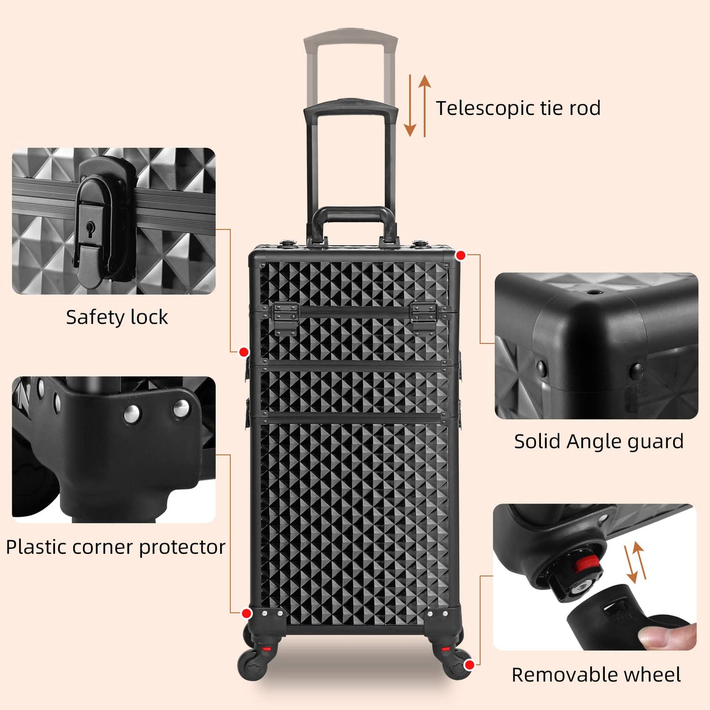 Somduy Rolling Makeup Case 3 in 1,Professional Makeup Train Case organizers,Large Storage Cosmetic case Trolley,Makeup Travel Case for Salon Barber, Bright Black, 3 layers, Fashion