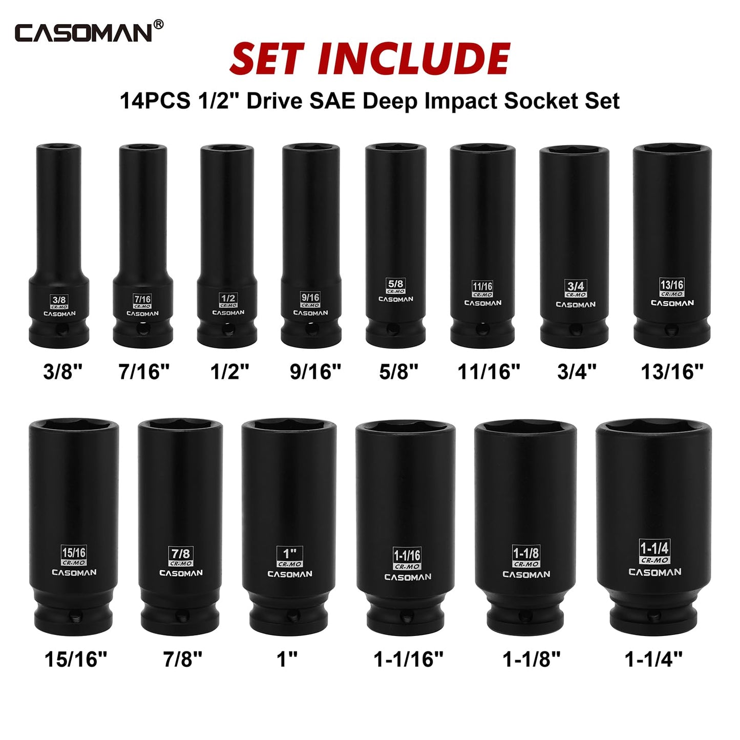 CASOMAN 14PCS 1/2" Drive Deep Impact Socket Set, SAE, 6-Point, CR-MO, 3/8" to 1-1/4", for Auto Repair, Mechanic, with Portable Case, Easy-to-Read Size Markings, Rugged Construction
