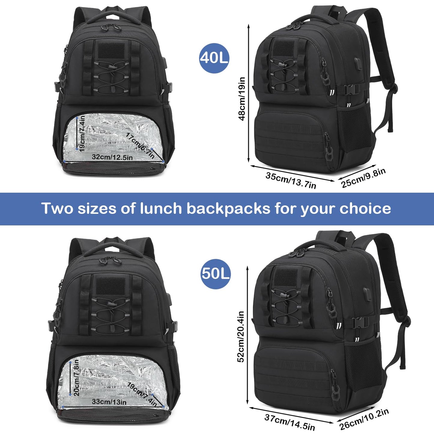 Laptop Lunch Backpack for Men - 40L Work Backpack with Lunch Compartment and USB Post for Work, Travel, Picnic