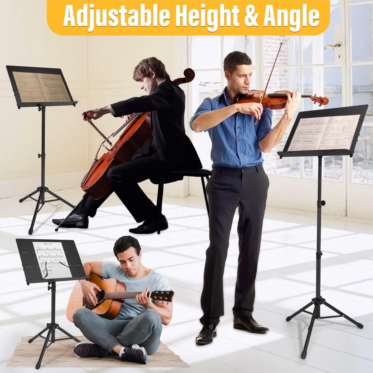 Portable Folding Music Stand,Adjustable Height Sheet Music Stand (32" to 56"), 180° Tilt Tray with Carrying Bag,for Band, Travel & Home (32-56inch)