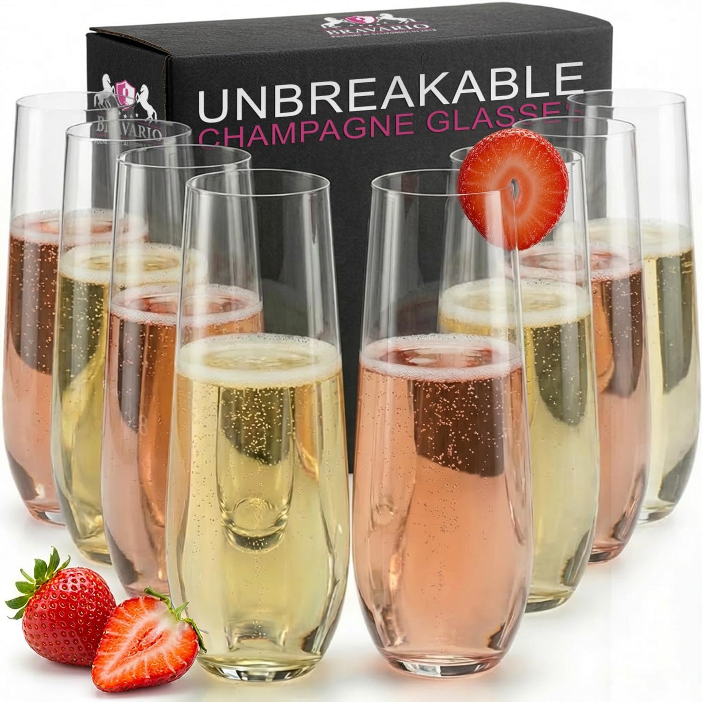 Bravario Unbreakable Stemless Plastic Champagne Flutes | Shatterproof 100% Tritan Plastic Glasses | Reusable | BPA-Free | 8.5 oz, Set of 8