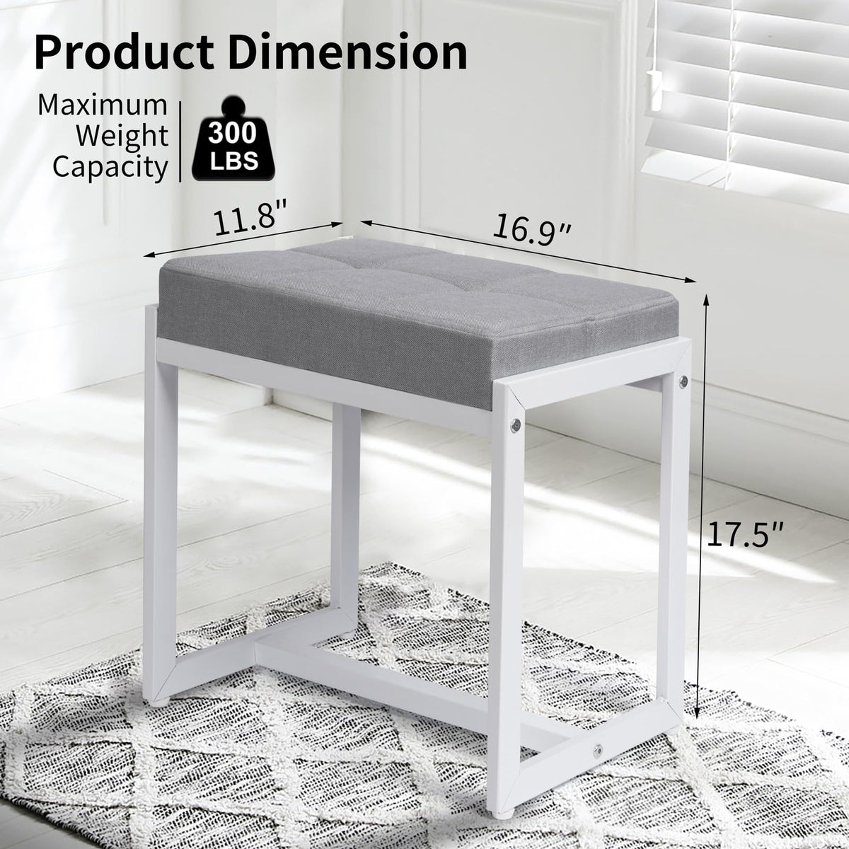 FLYZC Vanity Stool, Vanity Chair Stools for Makeup Room, Square Linen Makeup Stool for Vanity, Modern Padded Small Ottomans Foot Rest for Bedroom Living Room, Grey & White