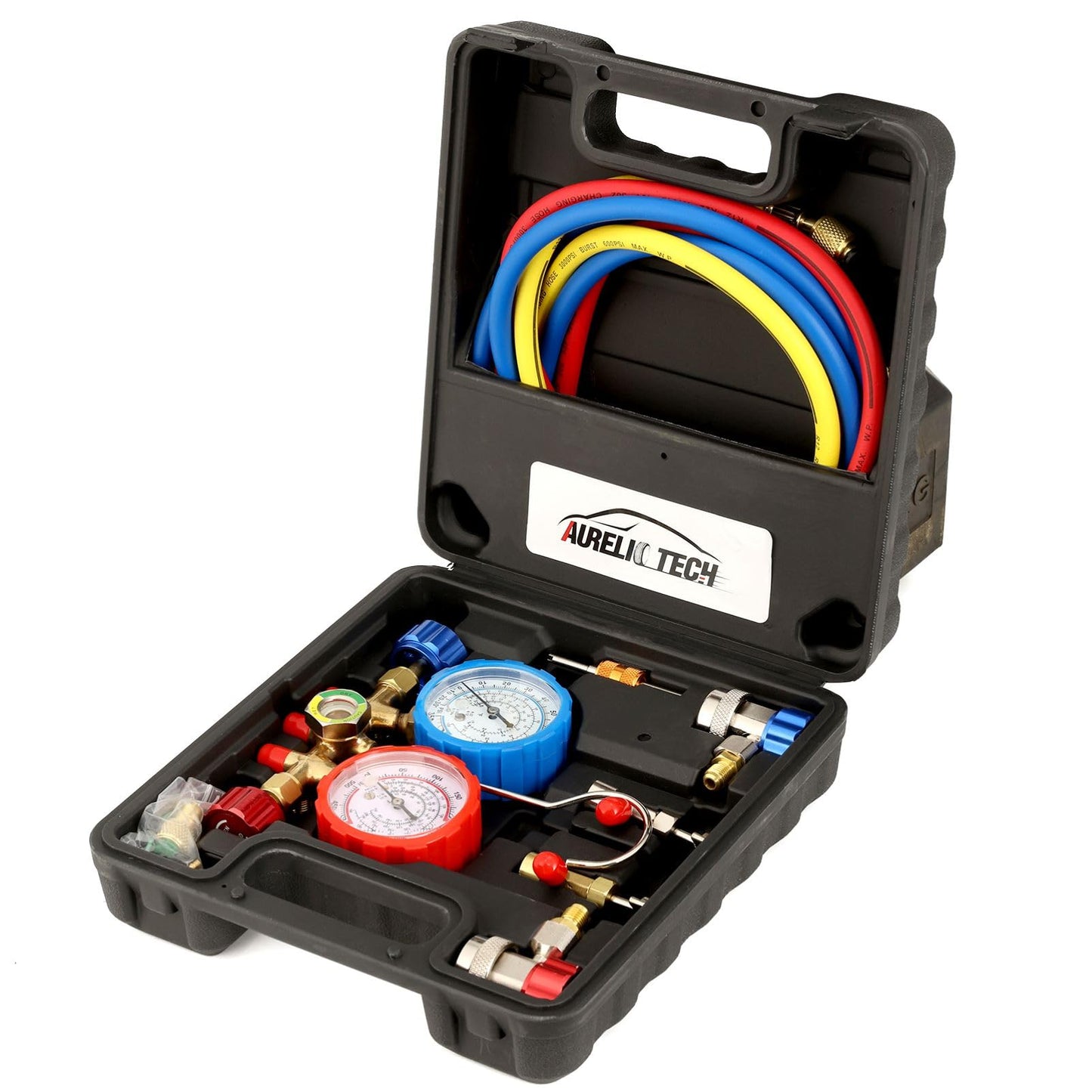 AURELIO TECH 3 Way AC Manifold Gauge Set, Fits for R134A R12 R22 and R502 Refrigerants, with 5FT Hose, Acme Tank Adapters, Quick Couplers and Can Tap (2022 Upgrade Version)