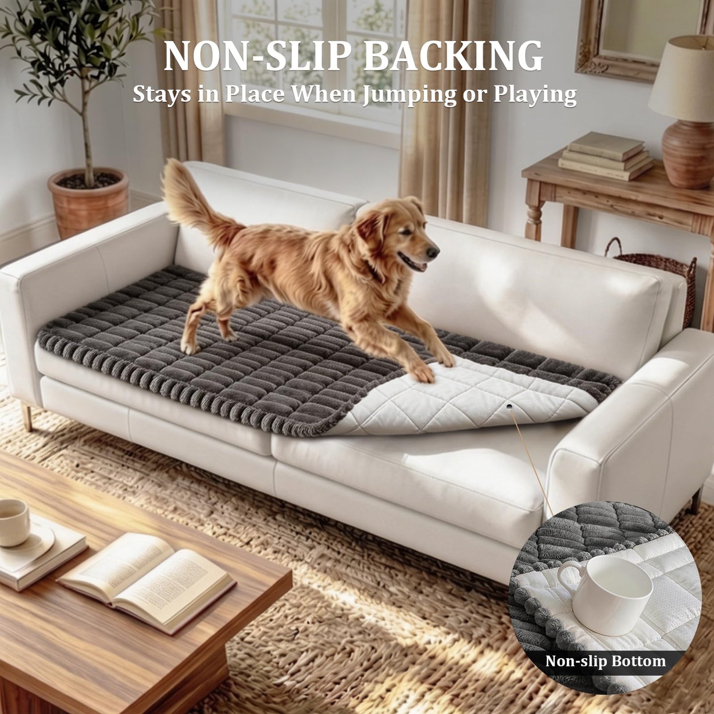 KIDOACOW 3-Layer Thicked Couch Cover for Dogs, Washable Sofa Pad Protector with Non-Slip Backing Pet Friendly Couch Covers Sofa 2 Seat Soft Plush Furniture Protector (Dark Grey, 27.6"x59")
