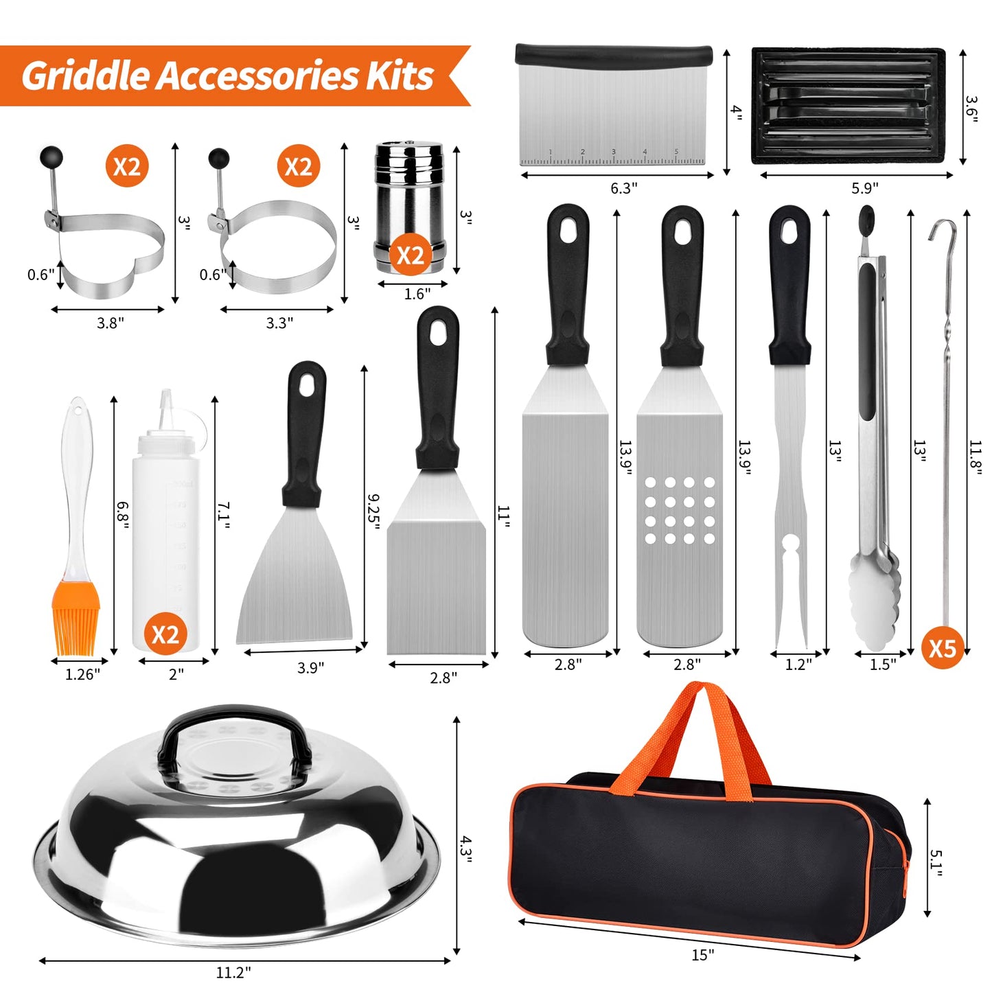 Bbcuepro 24 PCS Griddle Accessories Kit - Stainless Steel Flat Top Grill Spatula Kit for Outdoor Barbecue Teppanyaki Camping Cooking, Blackstone and Camp Chef - Professional Grill BBQ Spatula Set