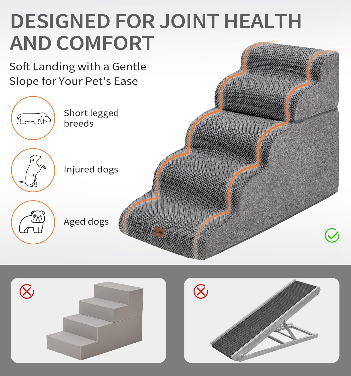 Made4Pets Dog Stairs for Small Dogs High Beds 5-Step, Curved Pet Stairs for Bed Couch Sofa & Chair, 35D Foam Dog Steps with Non-Slip Bottom, Folding Cat Stairs with Leakproof Cover, 22.8" H, Grey